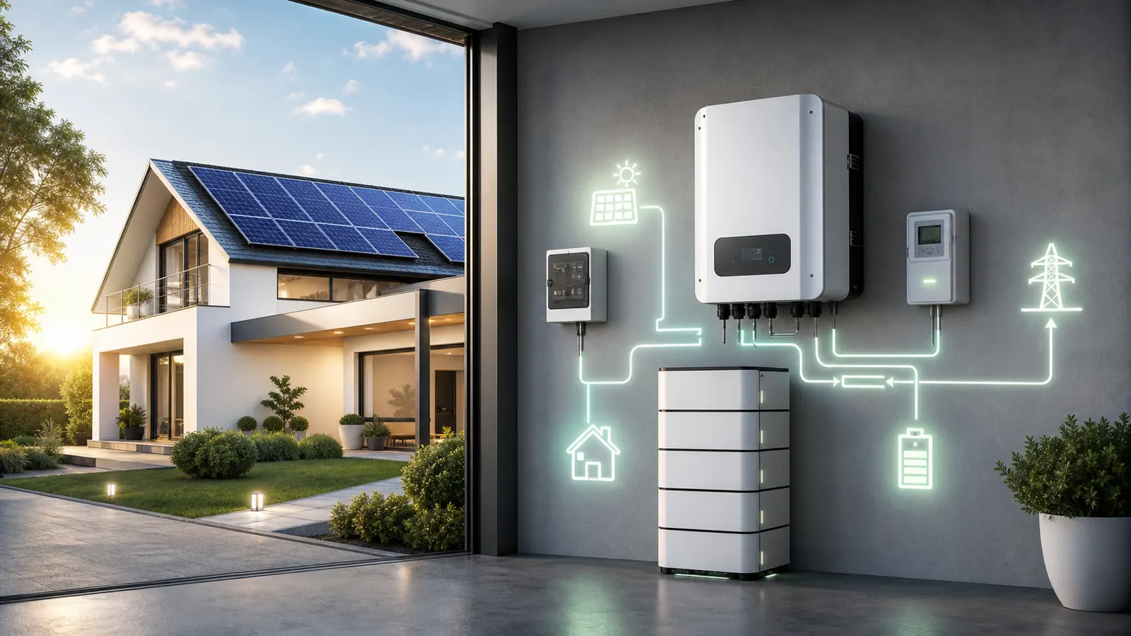 Onduleur hybride iEARWAT avec panneaux solaires, batterie et réseau électrique
